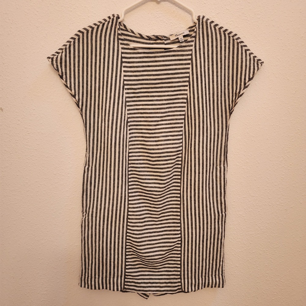 Madewell Striped Button-Back Shift Dress Black White Cap Sleeve Pockets XXS